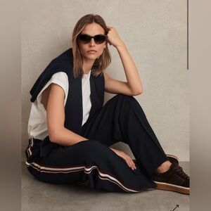Reiss Navy Wide Leg Pants with White and Brown Stripes